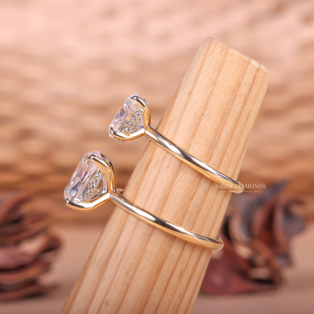 Cushion hidden halo engagement ring finished in polished solid gold
