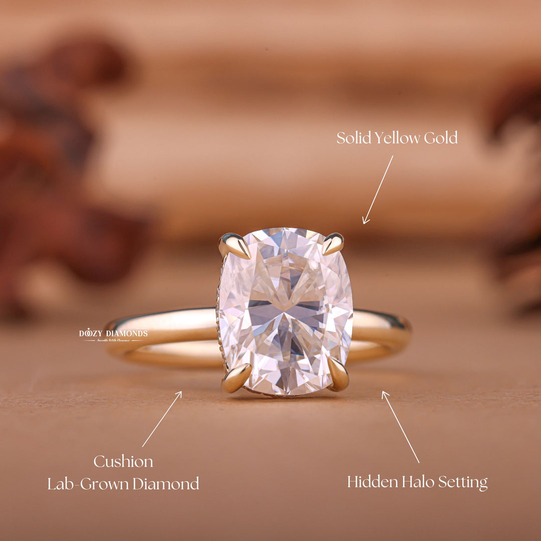 Premium cushion cut hidden halo engagement ring crafted in solid gold