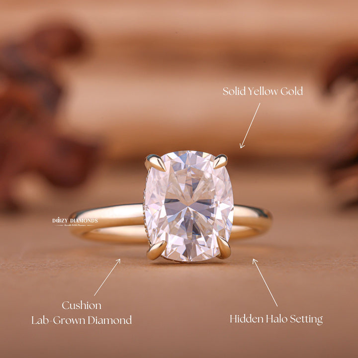 Premium cushion cut hidden halo engagement ring crafted in solid gold
