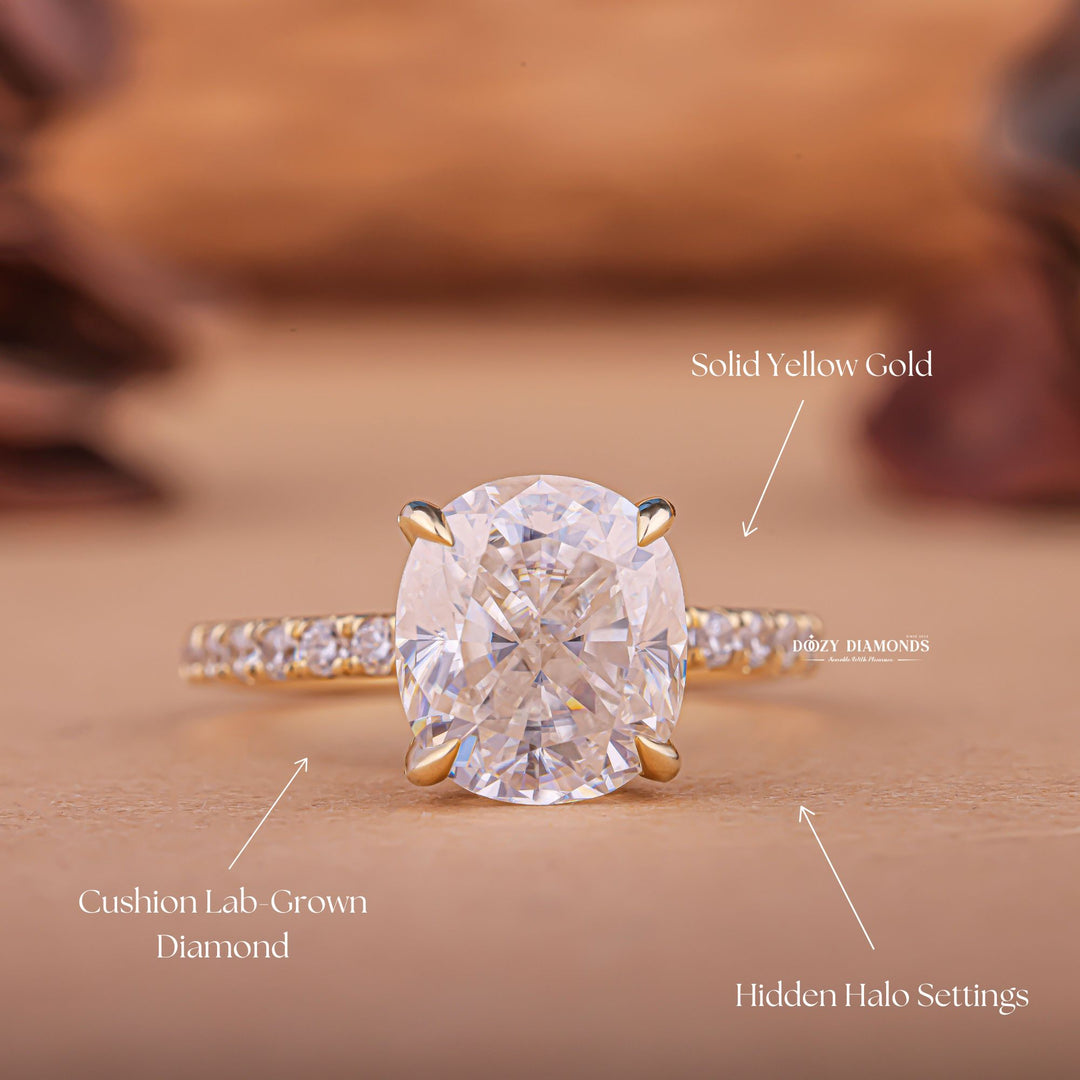 Cushion hidden halo engagement ring viewed from the side