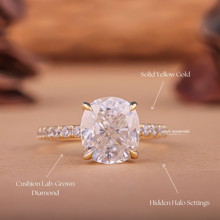 Cushion hidden halo engagement ring viewed from the side