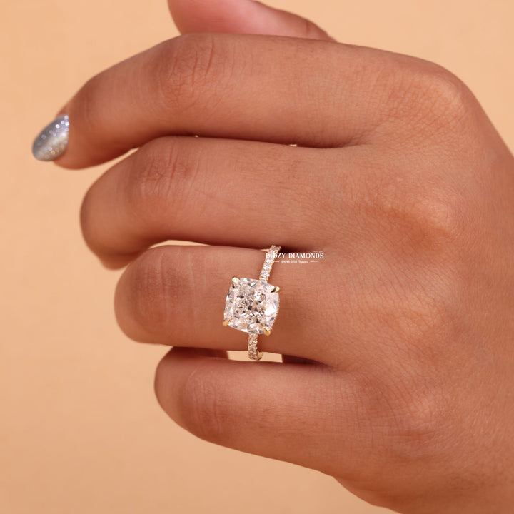Cushion hidden halo engagement ring with certified lab grown diamond