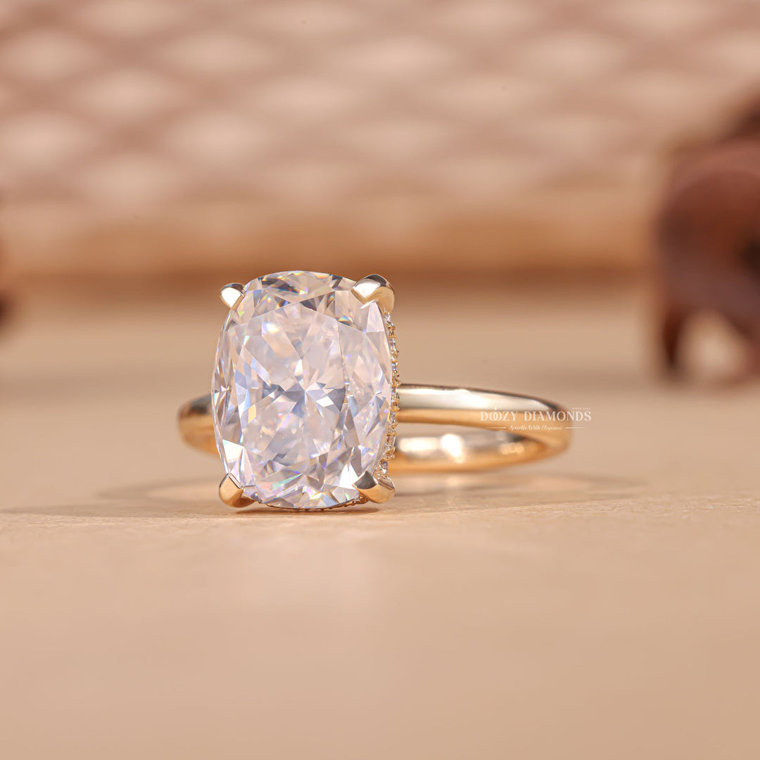Cushion cut hidden halo engagement ring with IGI certified center diamond