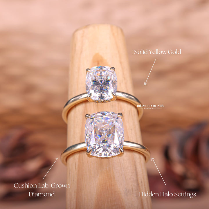 Cushion hidden halo diamond ring displayed on jewelry stand