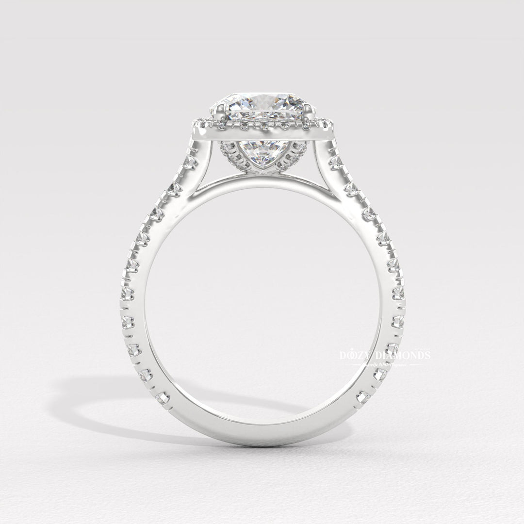 Detailed close-up of cushion halo diamond engagement ring