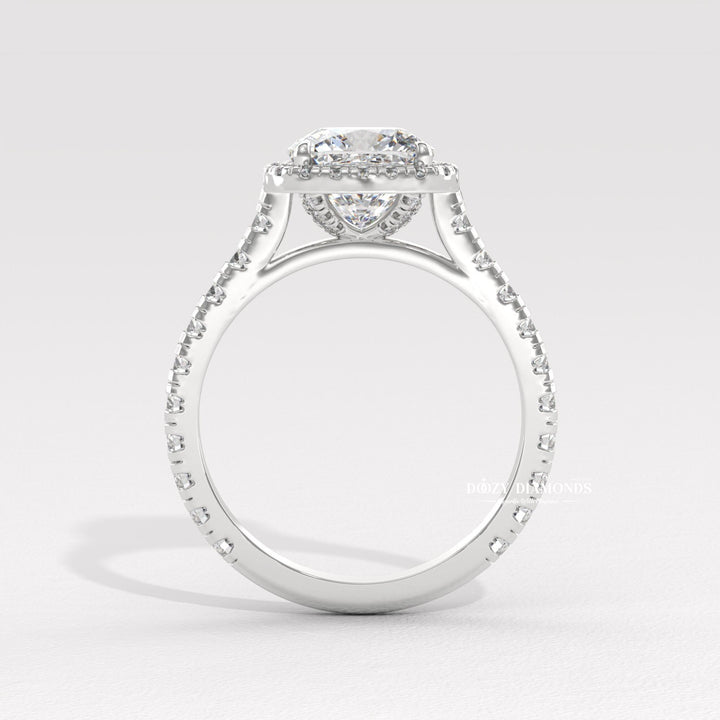 Detailed close-up of cushion halo diamond engagement ring