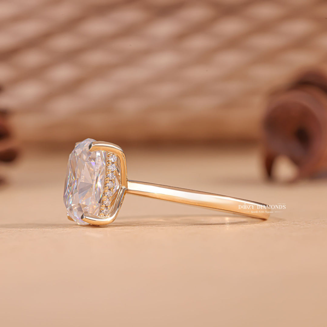 Cushion hidden halo engagement ring with certified lab grown diamond