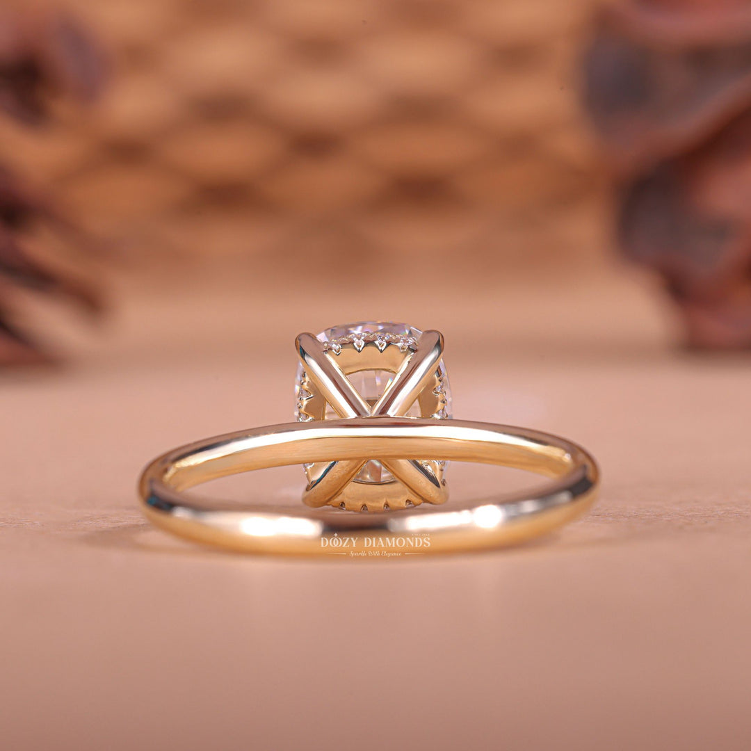 Handcrafted cushion cut hidden halo lab grown diamond engagement ring