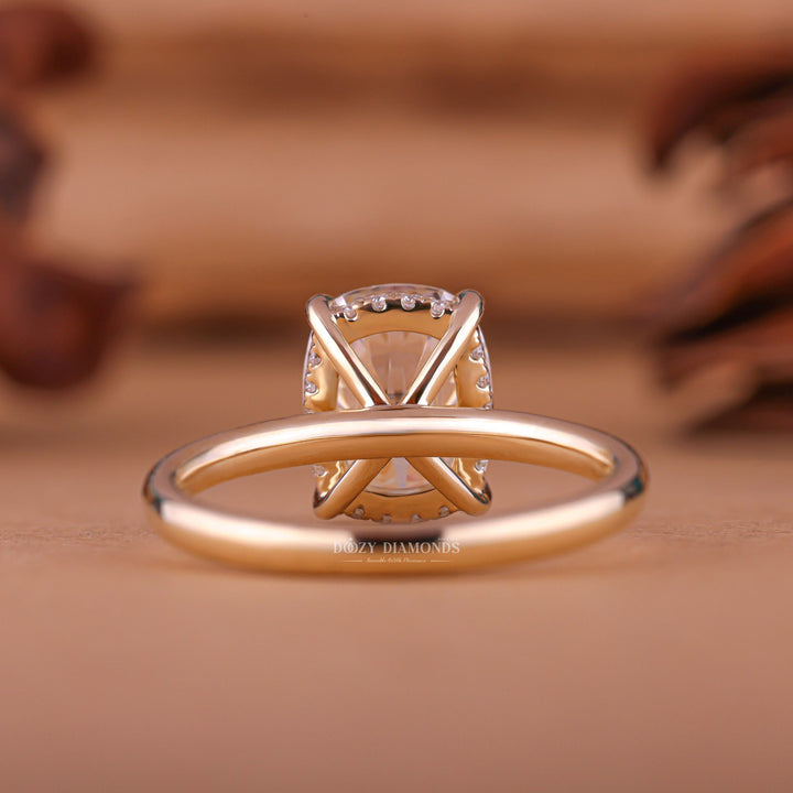 Cushion hidden halo engagement ring with IGI certificate and packaging