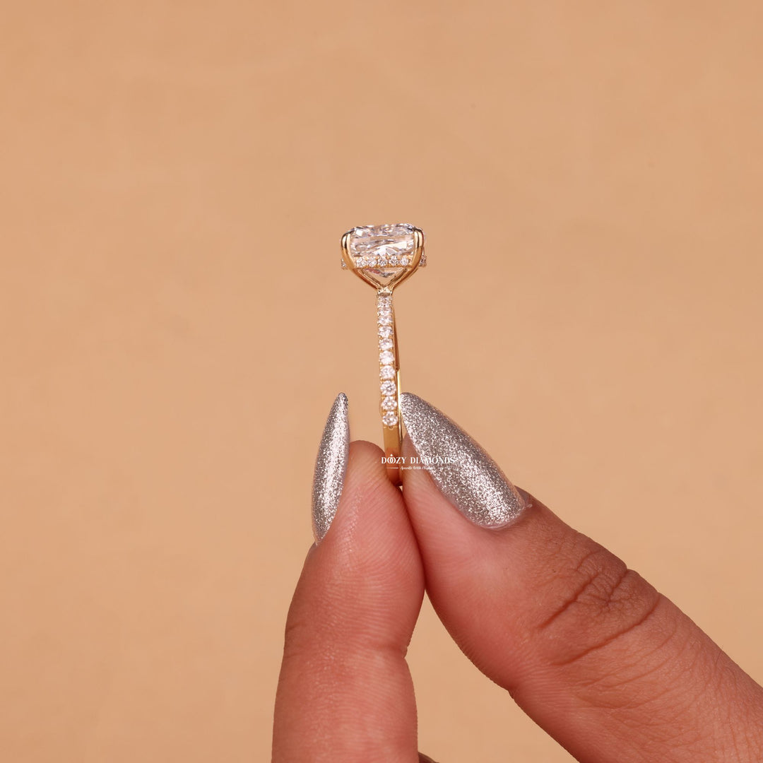 Cushion cut hidden halo engagement ring shown in real-life wear