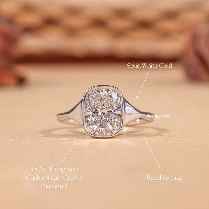 Cushion bezel engagement ring with certified lab grown diamond
