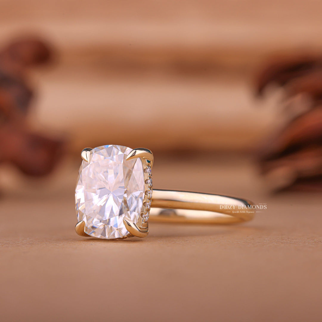 Unboxing view of cushion cut hidden halo diamond engagement ring