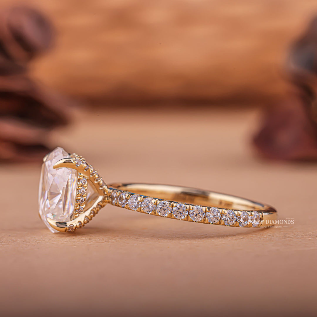 Cushion cut engagement ring side view showing band detail