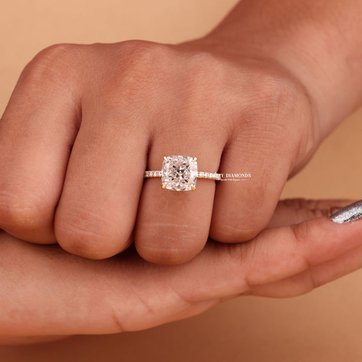 IGI certified cushion cut diamond in hidden halo engagement ring setting