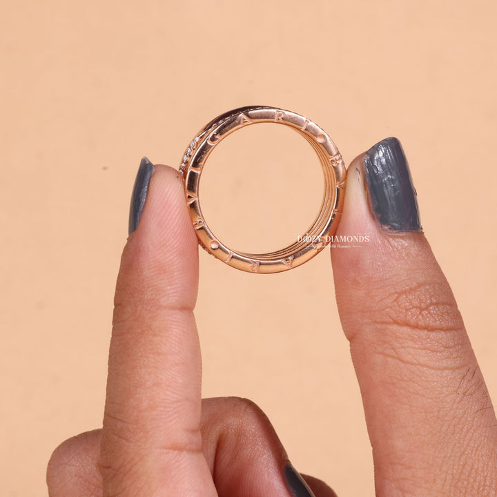 Round diamond band stacked with engagement ring