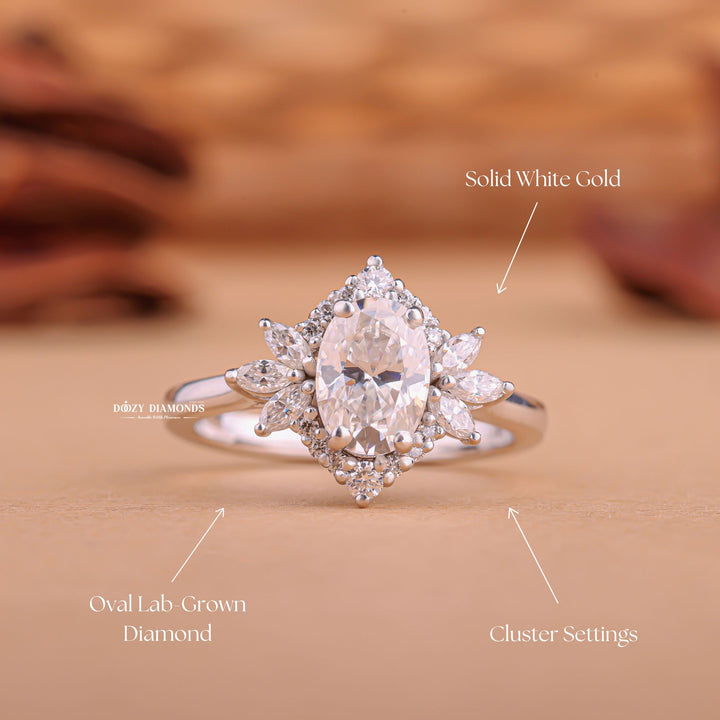 Profile view of oval cut cluster engagement ring band