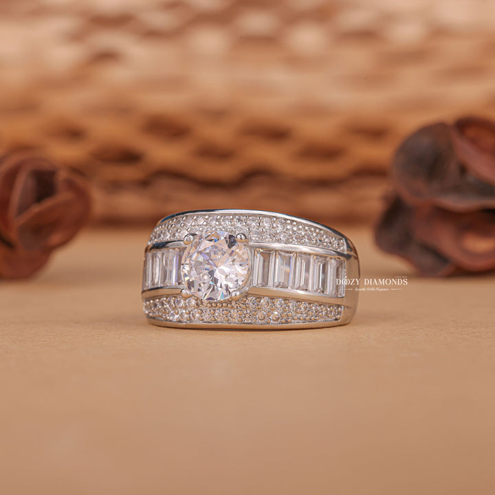 Profile view of round cut dome engagement ring band