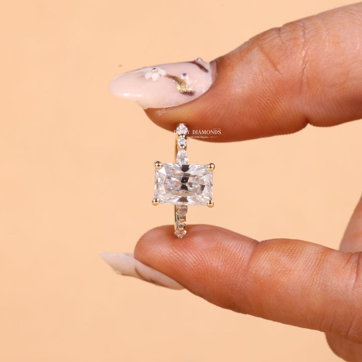 Profile view of radiant cut hidden halo engagement ring band