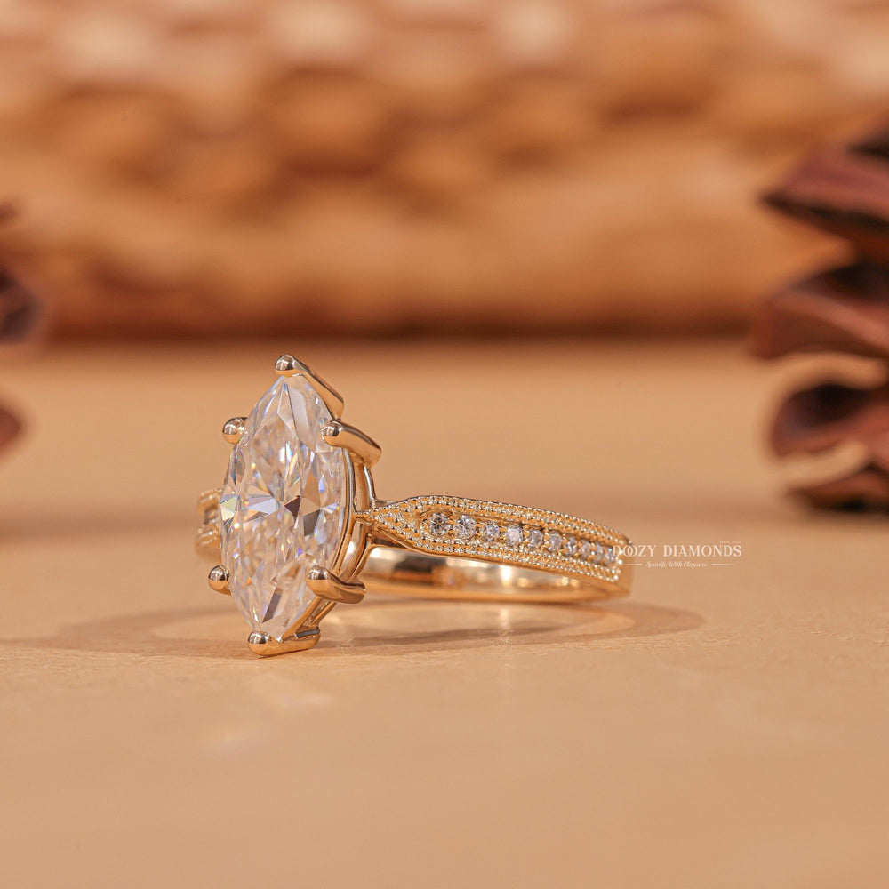 Marquise milgrain engagement ring with certified lab grown diamond