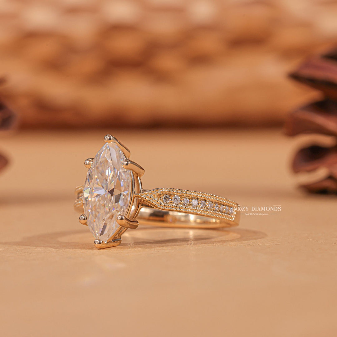 Marquise milgrain engagement ring with certified lab grown diamond