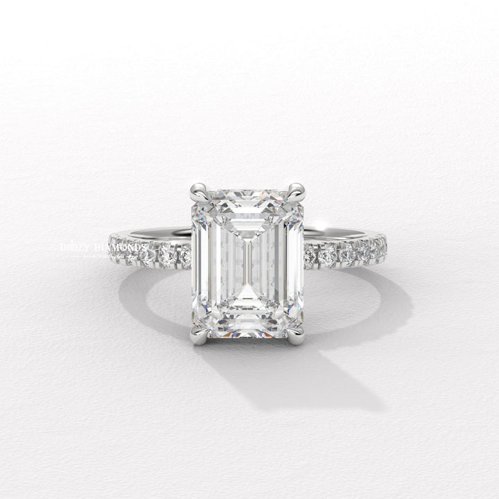 Emerald hidden halo lab grown diamond ring side profile in gold setting