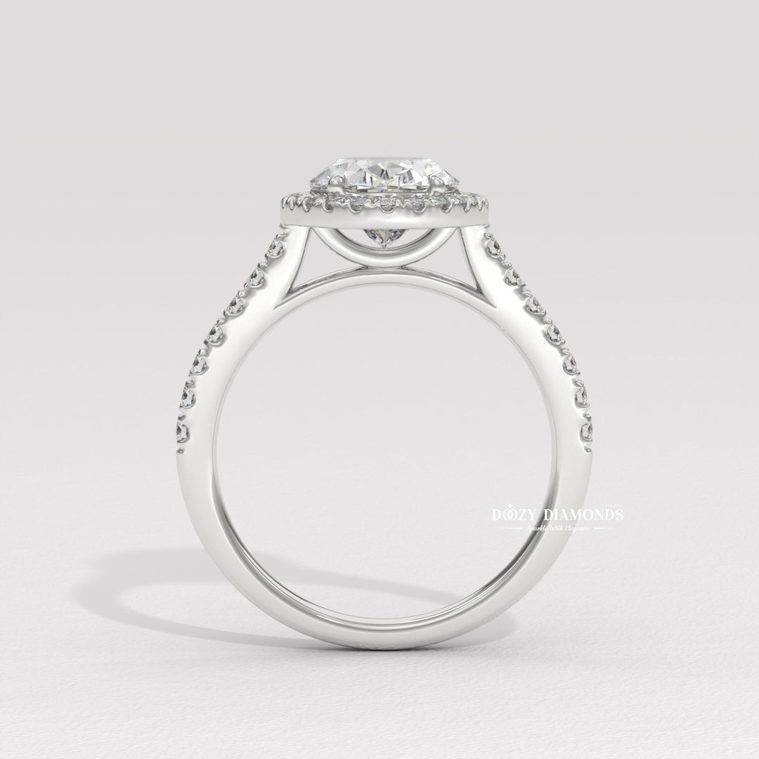 Oval halo engagement ring with certified lab grown diamond
