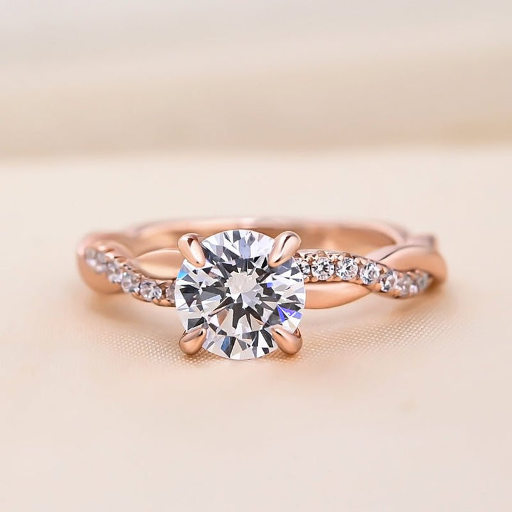 Round pave lab grown diamond ring side profile in gold setting