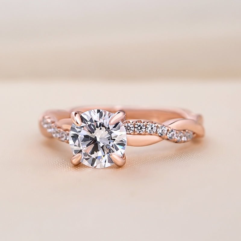 Round cut engagement ring side view showing band detail