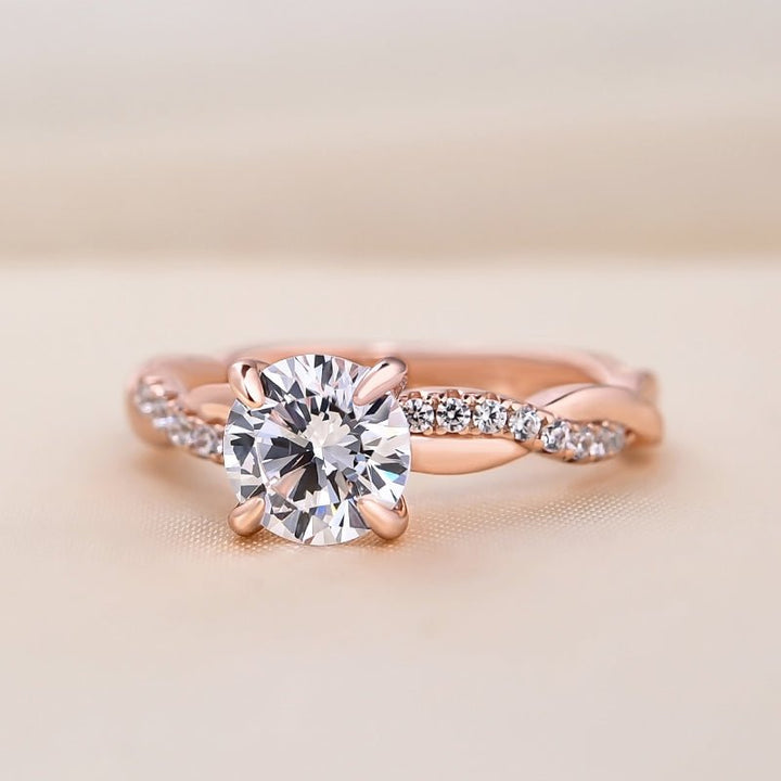 Round cut engagement ring side view showing band detail