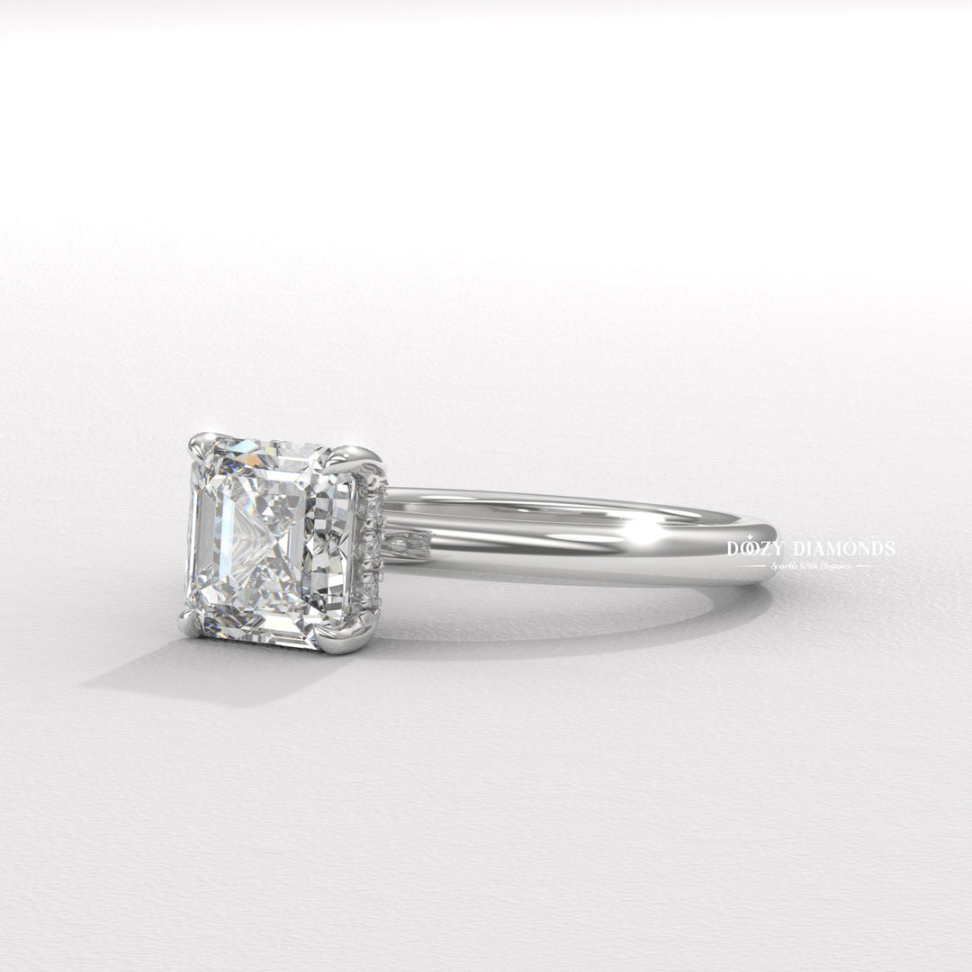 Asscher solitaire lab grown diamond ring side profile in gold setting