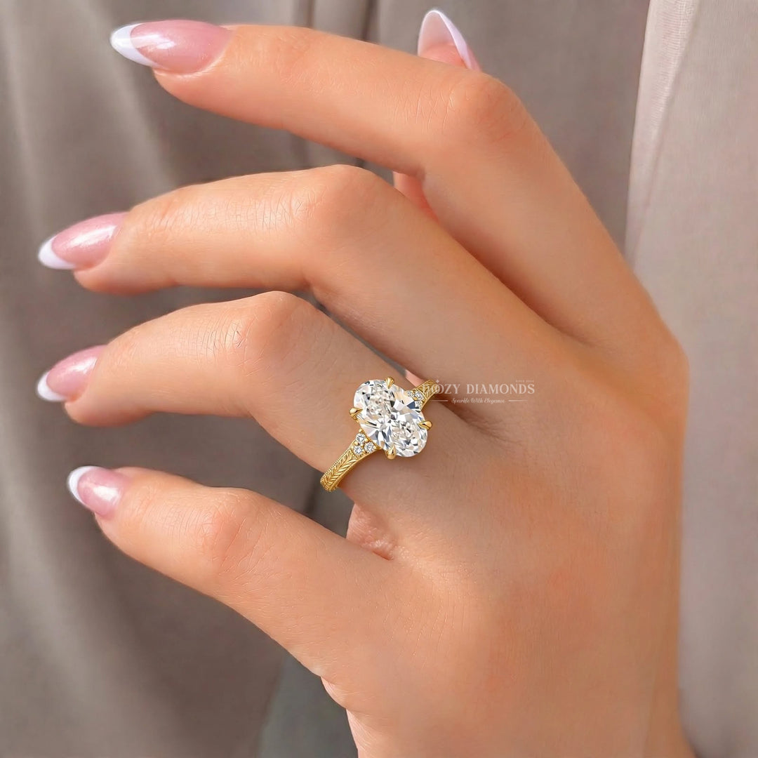 2.50CT Oval F/VS1 Lab Grown Engagement Ring with Cluster Accents, Engraved Gold Band