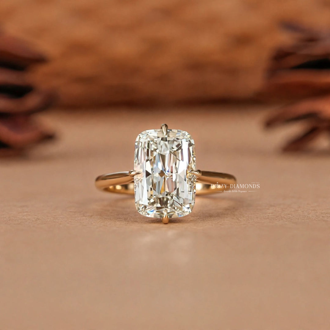 2.0CT Elongated Cushion Old Mine Lab Grown Ring, Minimalist Gold Band
