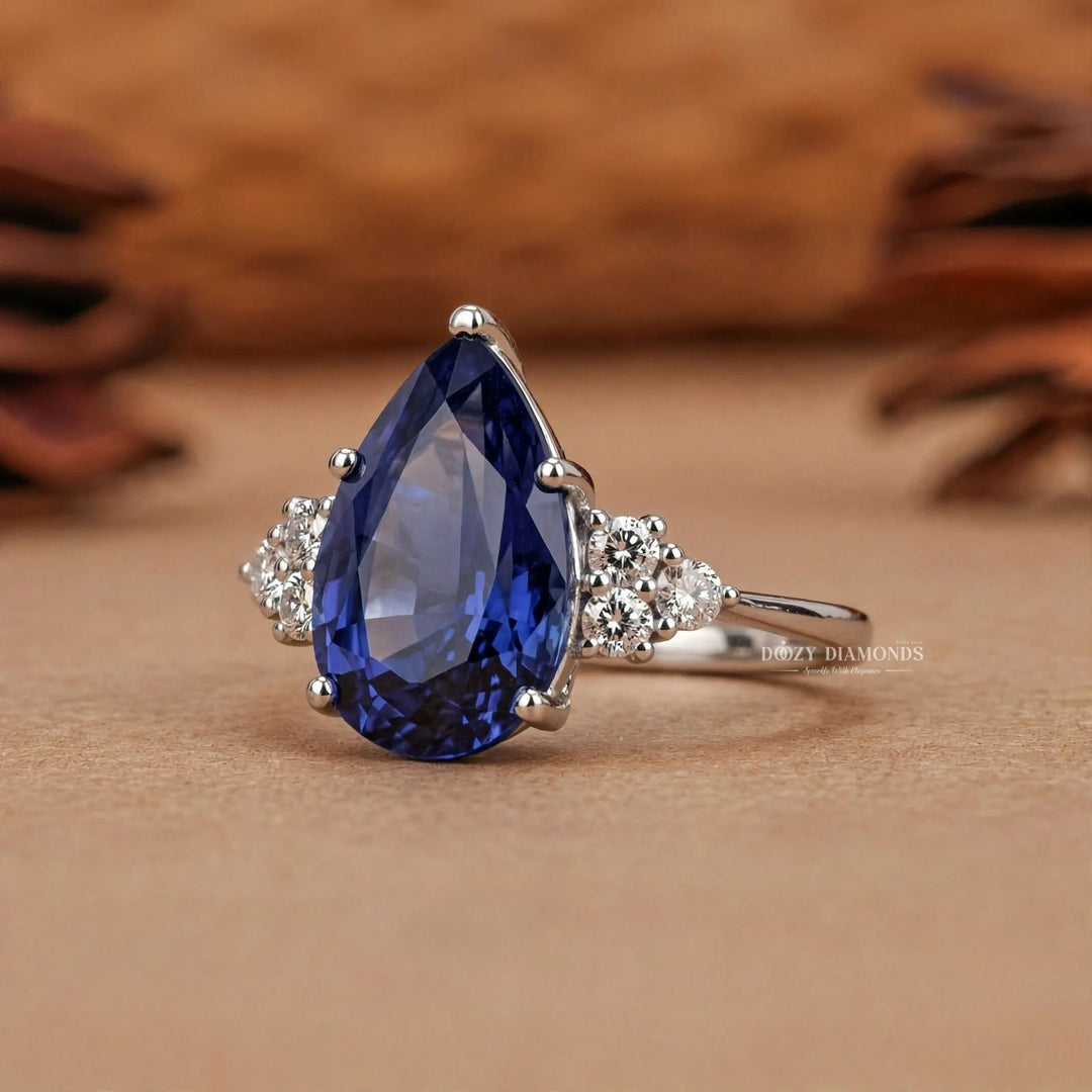 2.0CT Pear Blue Sapphire Ring Lab Grown Diamond Accents White Gold