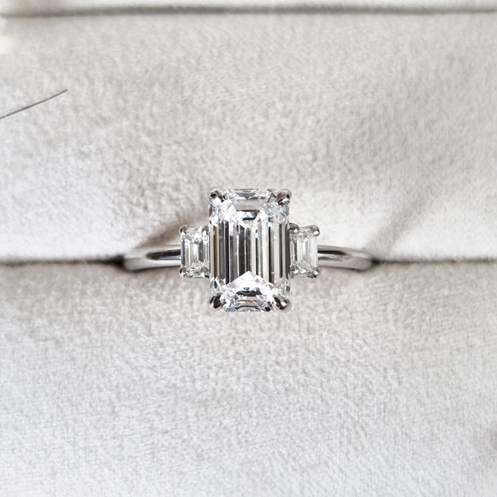 Buy 1.30CT emerald three stone lab grown diamond engagement ring online