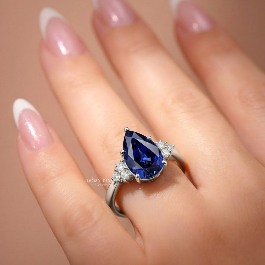 2.0CT Pear Blue Sapphire Ring Lab Grown Diamond Accents White Gold
