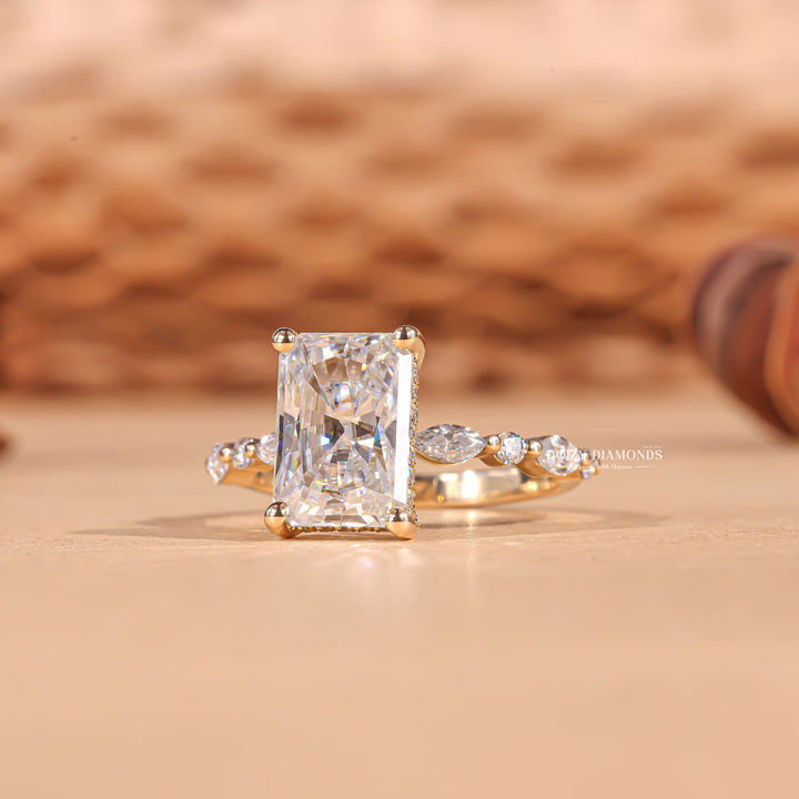 Radiant hidden halo engagement ring viewed from the side