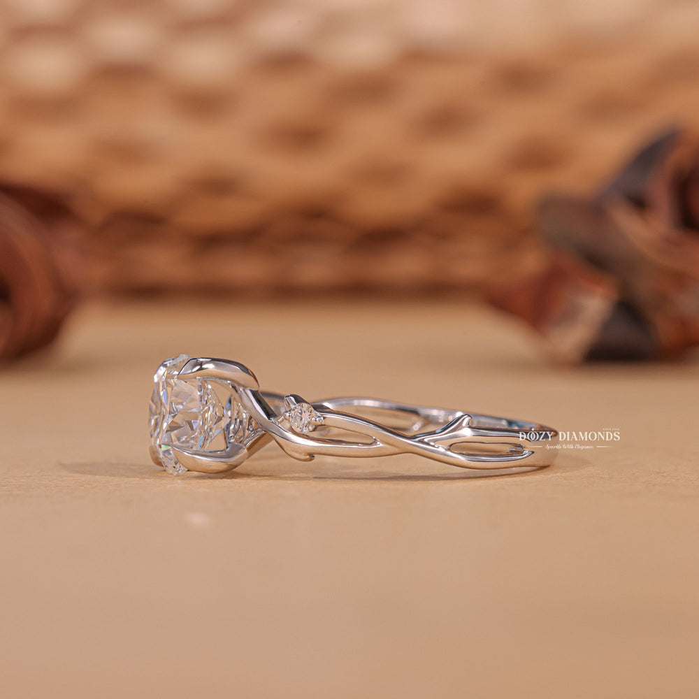 Round solitaire engagement ring photographed in natural light