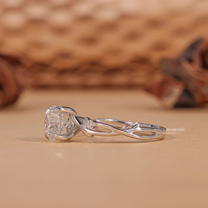 Round solitaire engagement ring photographed in natural light