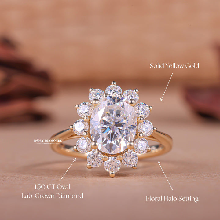 Side angle of oval halo diamond engagement ring