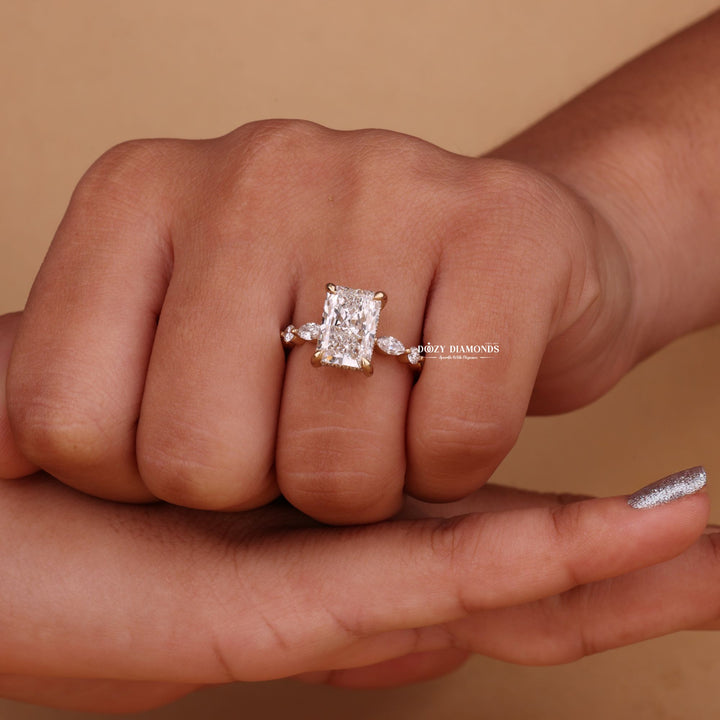 Radiant hidden halo lab grown diamond ring side profile in gold setting