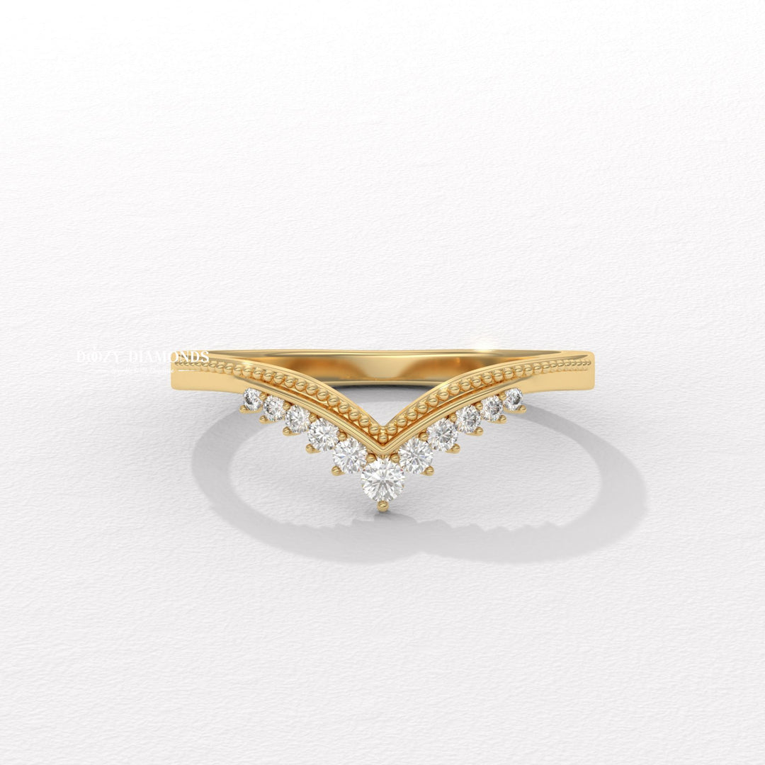 Milgrain Curved round diamond wedding band front view