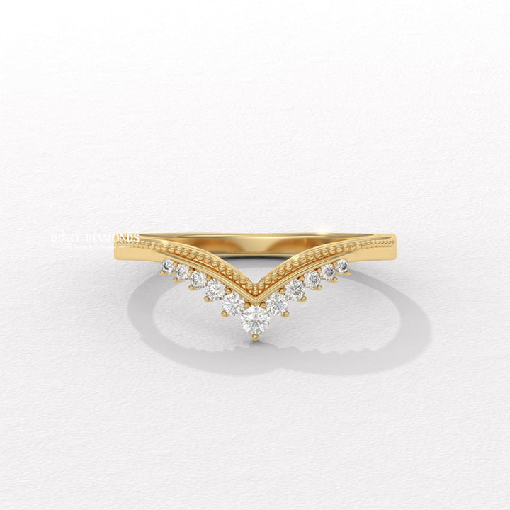 Milgrain Curved round diamond wedding band front view