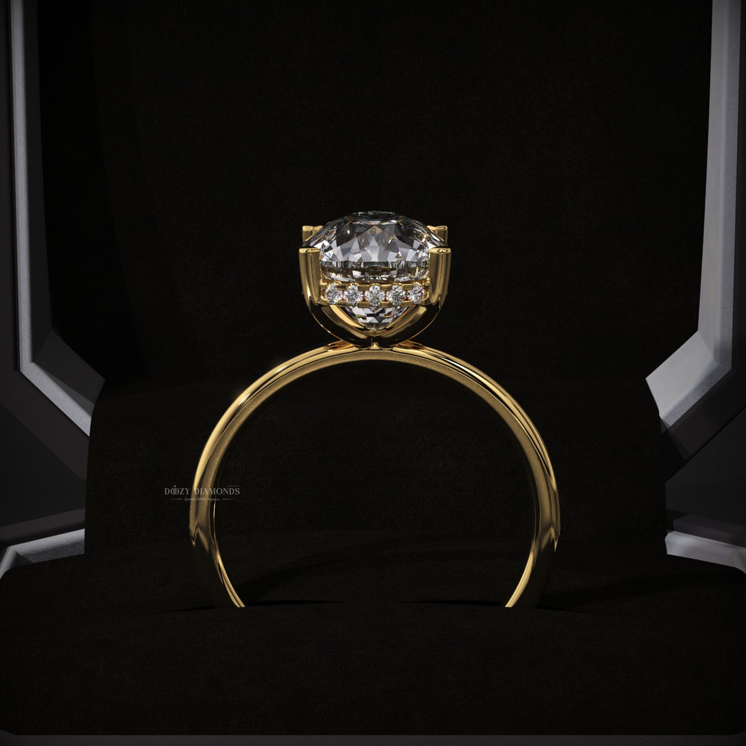 Cushion hidden halo diamond ring presented in signature gift packaging