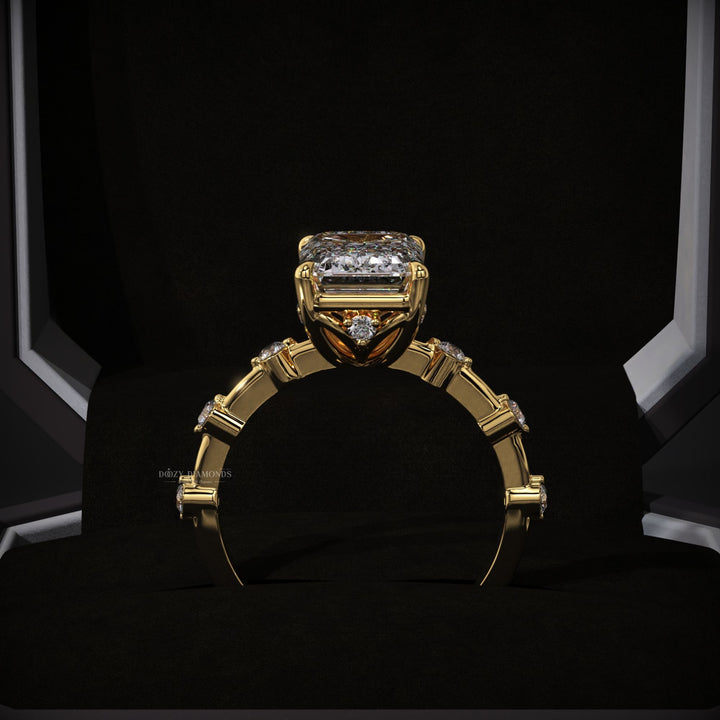 Detailed close-up of emerald pave diamond engagement ring