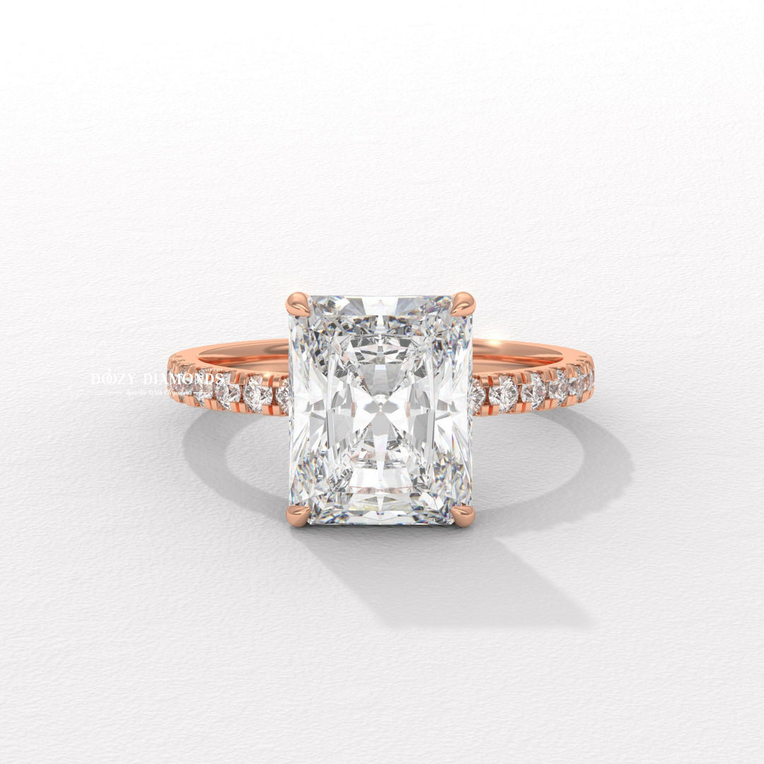 Detailed close-up of radiant hidden halo diamond engagement ring