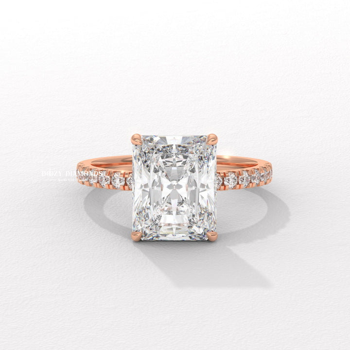 Detailed close-up of radiant hidden halo diamond engagement ring