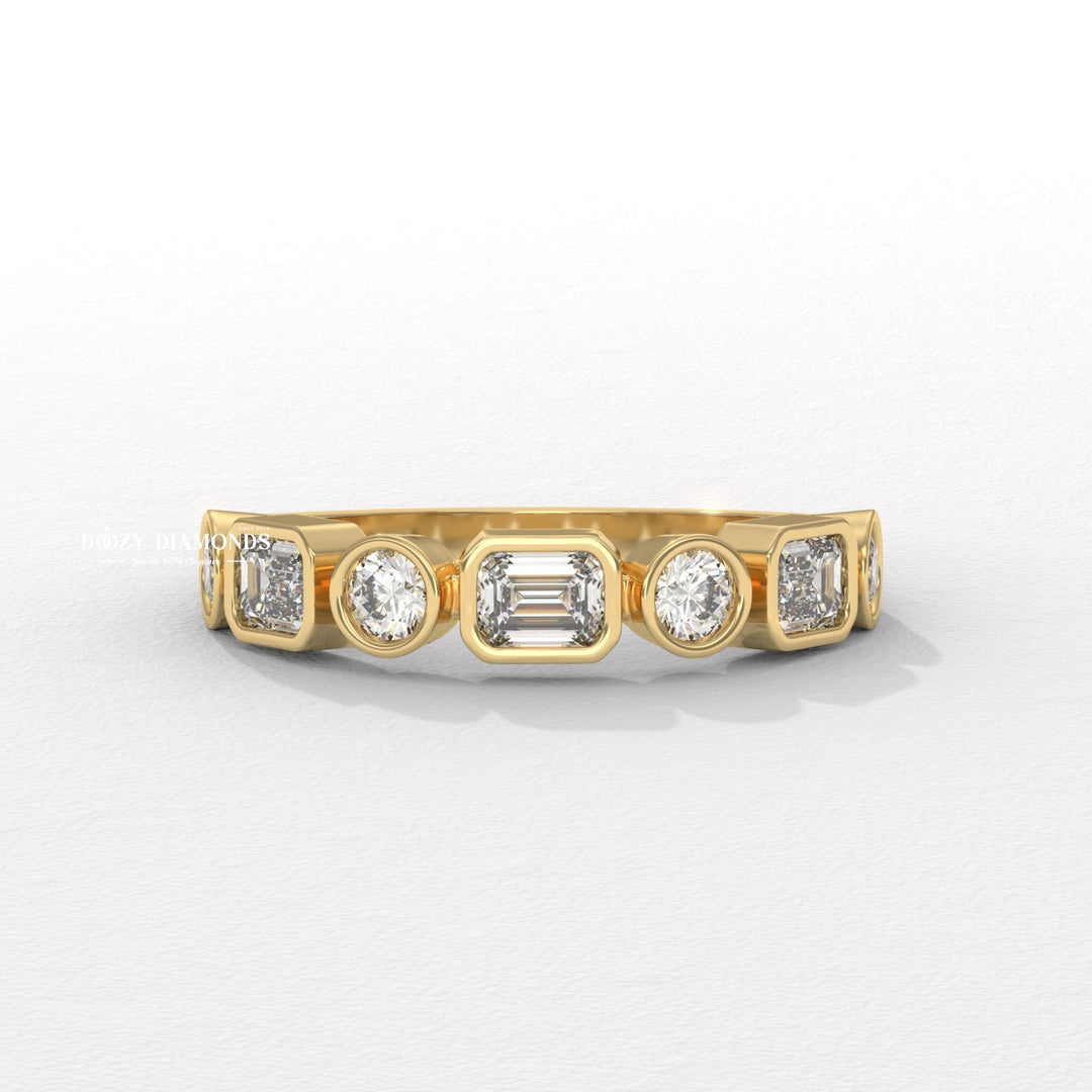 Bezel Set round & emerald diamond wedding band front view