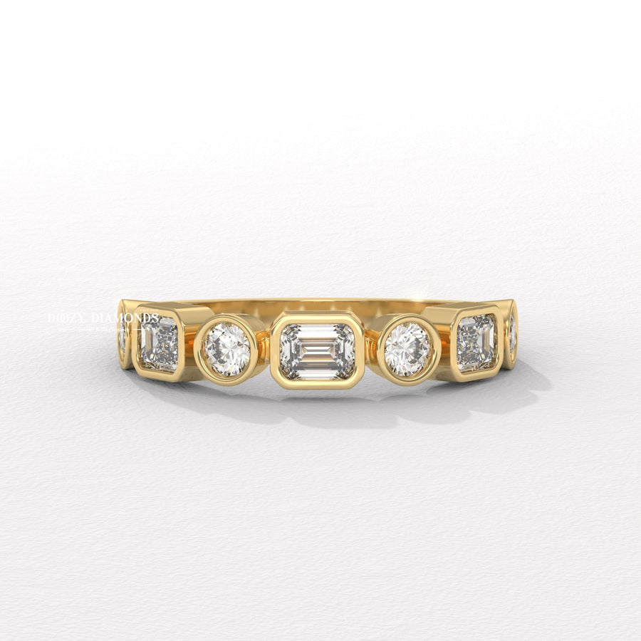 Bezel Set round & emerald diamond wedding band front view