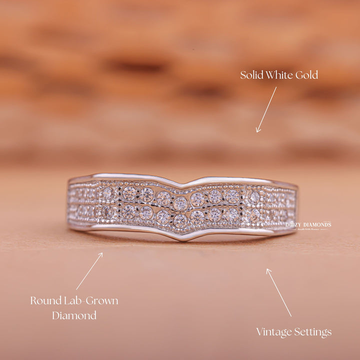 Milgrain White diamond wedding band in yellow gold