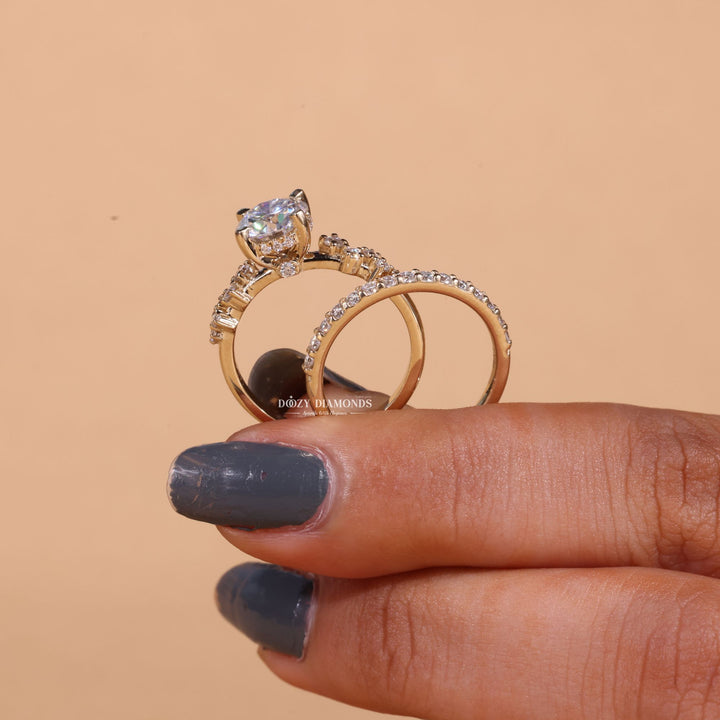 1.0CT Round Cut EF - VS2 Lab Grown Cluster Engagement Ring with Stacking Band - Doozy Diamonds